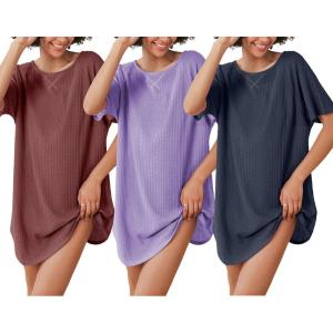 image:imageEkouaer 3 Pack Womens Tshirt Nightgown Waffle Knit Short Sleeve Sleepshirts Casual Cover Ups SXXXLSet 4