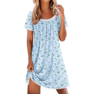 image:imageEkouaer Cotton Nightgowns for Women Lace Trim Sleep Shirts Short Sleeve Night Shirts Sleep Dress with PocketsFloral Light Blue