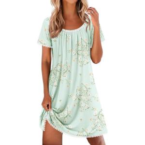 image:imageEkouaer Cotton Nightgowns for Women Lace Trim Sleep Shirts Short Sleeve Night Shirts Sleep Dress with PocketsGreen Floral