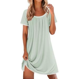 image:imageEkouaer Cotton Nightgowns for Women Lace Trim Sleep Shirts Short Sleeve Night Shirts Sleep Dress with PocketsLight Green