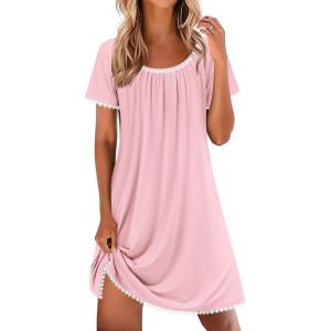 image:imageEkouaer Cotton Nightgowns for Women Lace Trim Sleep Shirts Short Sleeve Night Shirts Sleep Dress with PocketsPink