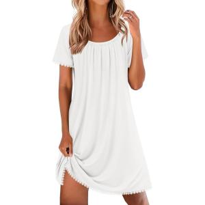image:imageEkouaer Cotton Nightgowns for Women Lace Trim Sleep Shirts Short Sleeve Night Shirts Sleep Dress with PocketsWhite