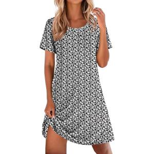 image:imageEkouaer Cotton Nightgowns for Women Short Sleeve Sleep Shirts Pleated Night Shirts Soft Crew Neck Night GownBlack Floral