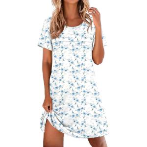 image:imageEkouaer Cotton Nightgowns for Women Short Sleeve Sleep Shirts Pleated Night Shirts Soft Crew Neck Night GownBlue Flowers