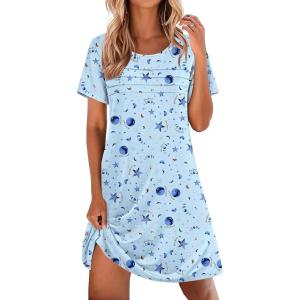 image:imageEkouaer Cotton Nightgowns for Women Short Sleeve Sleep Shirts Pleated Night Shirts Soft Crew Neck Night GownBlue Star Moon