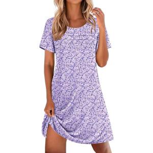 image:imageEkouaer Cotton Nightgowns for Women Short Sleeve Sleep Shirts Pleated Night Shirts Soft Crew Neck Night GownPurple Flowers