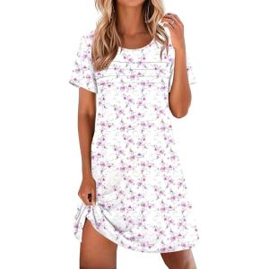 image:imageEkouaer Cotton Nightgowns for Women Short Sleeve Sleep Shirts Pleated Night Shirts Soft Crew Neck Night GownWhite Flowers