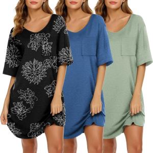 image:imageEkouaer Nightgowns for Women 3 Pack Sleepshirt Short Sleeve Nightshirt V Neck Sleepdress Oversized SleepwearBlacklight Greenblack White Flower