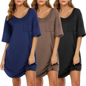 image:imageEkouaer Nightgowns for Women 3 Pack Sleepshirt Short Sleeve Nightshirt V Neck Sleepdress Oversized SleepwearBlacknavy Bluebrown
