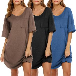 image:imageEkouaer Nightgowns for Women 3 Pack Sleepshirt Short Sleeve Nightshirt V Neck Sleepdress Oversized SleepwearBlackpeacock Bluebrown