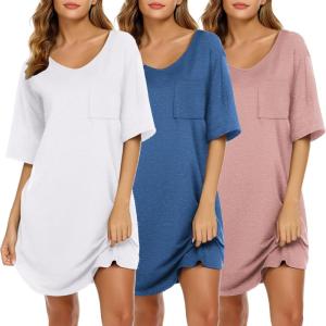 image:imageEkouaer Nightgowns for Women 3 Pack Sleepshirt Short Sleeve Nightshirt V Neck Sleepdress Oversized SleepwearPeacock Bluewhitemisty Pink