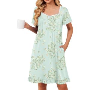 image:imageEkouaer Nightgowns for Women Lace Trim Sleep Shirts Short Sleeve Night Shirts With Pockets Night Gown Ruffled Sleep DressGreen Flowers