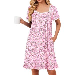 image:imageEkouaer Nightgowns for Women Lace Trim Sleep Shirts Short Sleeve Night Shirts With Pockets Night Gown Ruffled Sleep DressPink Floral