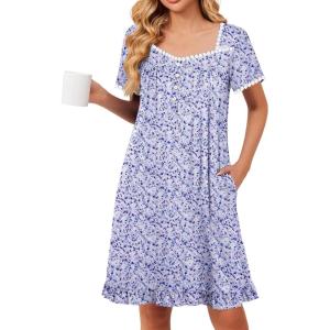 image:imageEkouaer Nightgowns for Women Lace Trim Sleep Shirts Short Sleeve Night Shirts With Pockets Night Gown Ruffled Sleep DressPurple Flowers