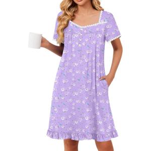 image:imageEkouaer Nightgowns for Women Lace Trim Sleep Shirts Short Sleeve Night Shirts With Pockets Night Gown Ruffled Sleep DressPurpleblue Flowers