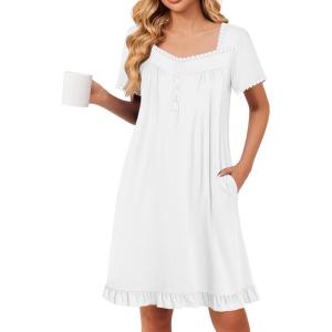 image:imageEkouaer Nightgowns for Women Lace Trim Sleep Shirts Short Sleeve Night Shirts With Pockets Night Gown Ruffled Sleep DressWhite