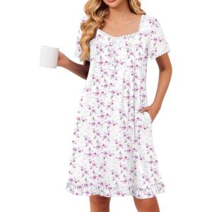 image:imageEkouaer Nightgowns for Women Lace Trim Sleep Shirts Short Sleeve Night Shirts With Pockets Night Gown Ruffled Sleep DressWhite Flowers