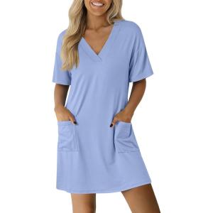 image:imageEkouaer Nightgowns for Women Short Sleeve Sleep Shirt V Neck Night Gown With Pockets Soft Pajamas Dress Casual SleepwearBlue