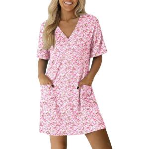 image:imageEkouaer Nightgowns for Women Short Sleeve Sleep Shirt V Neck Night Gown With Pockets Soft Pajamas Dress Casual SleepwearFloral Pink
