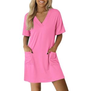image:imageEkouaer Nightgowns for Women Short Sleeve Sleep Shirt V Neck Night Gown With Pockets Soft Pajamas Dress Casual SleepwearHot Pink