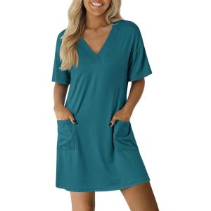 image:imageEkouaer Nightgowns for Women Short Sleeve Sleep Shirt V Neck Night Gown With Pockets Soft Pajamas Dress Casual SleepwearPeacock Blue