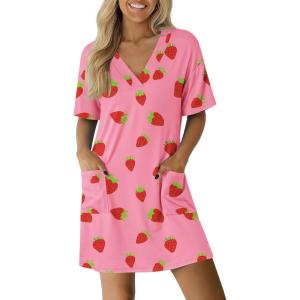 image:imageEkouaer Nightgowns for Women Short Sleeve Sleep Shirt V Neck Night Gown With Pockets Soft Pajamas Dress Casual SleepwearPink Strawberry