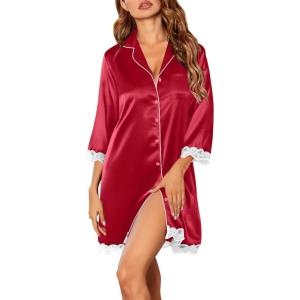 image:imageEkouaer Satin Nightgowns for Women Button Down Sleepshirt 34 Sleeve Nightshirts Boyfriend SleepwearWine Red