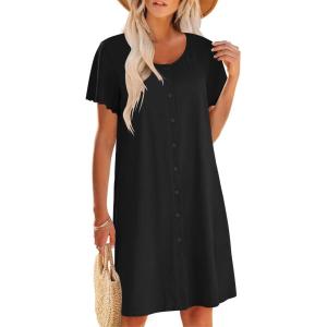 image:imageEkouaer Womens Cotton Nightgown Ladies Short Sleeve Sleepshirt V Neck Button Down Night Gowns Casual House DressBlack