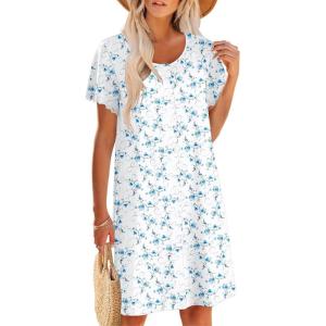 image:imageEkouaer Womens Cotton Nightgown Ladies Short Sleeve Sleepshirt V Neck Button Down Night Gowns Casual House DressBlue Floral