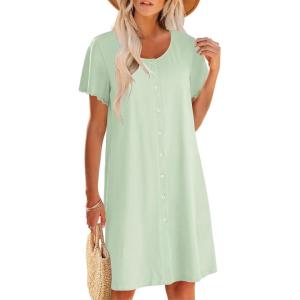 image:imageEkouaer Womens Cotton Nightgown Ladies Short Sleeve Sleepshirt V Neck Button Down Night Gowns Casual House DressLight Green