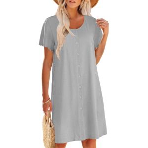 image:imageEkouaer Womens Cotton Nightgown Ladies Short Sleeve Sleepshirt V Neck Button Down Night Gowns Casual House DressLight Grey