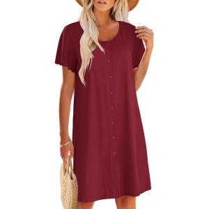 image:imageEkouaer Womens Cotton Nightgown Ladies Short Sleeve Sleepshirt V Neck Button Down Night Gowns Casual House DressWine Red