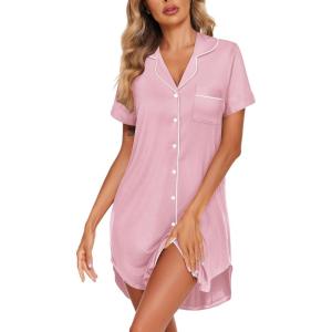 image:imageEkouaer Womens Cotton Nightgowns Button Down Sleep Shirts Soft Night Shirts Night DressLight Pink