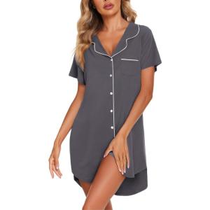 image:imageEkouaer Womens Cotton Nightgowns Button Down Sleep Shirts Soft Night Shirts Night DressMedium Grey
