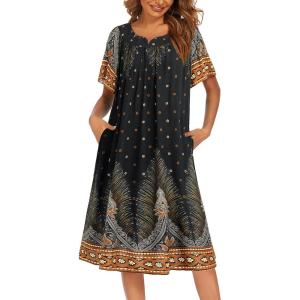 image:imageEkouaer Womens Nightgown Short Sleeve House Dress with PocketsFloral Print Mumu DressBlack Feather
