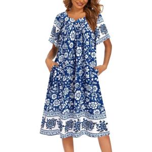 image:imageEkouaer Womens Nightgown Short Sleeve House Dress with PocketsFloral Print Mumu DressBlue Bohemian Flowers
