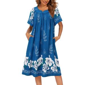 image:imageEkouaer Womens Nightgown Short Sleeve House Dress with PocketsFloral Print Mumu DressBlue Flower