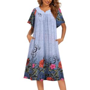 image:imageEkouaer Womens Nightgown Short Sleeve House Dress with PocketsFloral Print Mumu DressFloral Light Blue