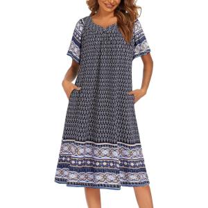 image:imageEkouaer Womens Nightgown Short Sleeve House Dress with PocketsFloral Print Mumu DressFloral Navy Blue