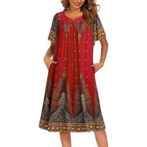 image:imageEkouaer Womens Nightgown Short Sleeve House Dress with PocketsFloral Print Mumu DressFloral Red