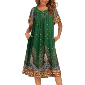 image:imageEkouaer Womens Nightgown Short Sleeve House Dress with PocketsFloral Print Mumu DressGreen Feather