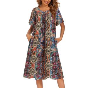 image:imageEkouaer Womens Nightgown Short Sleeve House Dress with PocketsFloral Print Mumu DressMz721