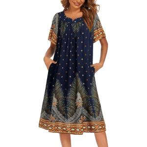 image:imageEkouaer Womens Nightgown Short Sleeve House Dress with PocketsFloral Print Mumu DressNavy Feather