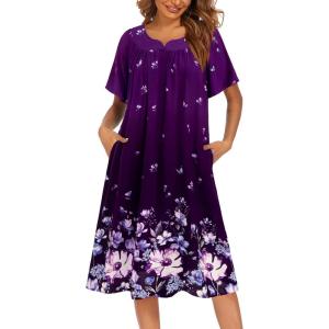 image:imageEkouaer Womens Nightgown Short Sleeve House Dress with PocketsFloral Print Mumu DressPurple Black Floral