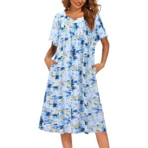 image:imageEkouaer Womens Nightgown Short Sleeve House Dress with PocketsFloral Print Mumu DressTie Dye Blue