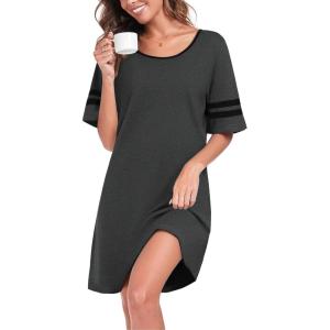 image:imageEkouaer Womens Nightgowns Short Sleeve Cotton Sleepwear Crew Neck Loungewear Color Block Nightshirt Summer DressesDark Grey