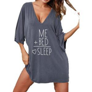 image:imageEkouaer Womens Sleepshirt Deep V Neck Nightgown Batwing Nightshirt Oversized SleepwearGrey Letters