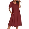 image:imageEkouaer Nightgowns for Women Short Sleeve House Dress Pleated Moo Moos V Neck Lounge Dress with PocketsWine Red