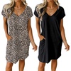 image:imageEkouaer Womens 2 Pack Nightgown V Neck Sleepshirt Short Sleeve Nightshirt PlainFloral Pajama Dress with PocketsBlack and Leopard