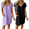 image:imageEkouaer Womens 2 Pack Nightgown V Neck Sleepshirt Short Sleeve Nightshirt PlainFloral Pajama Dress with PocketsBlack and Stars